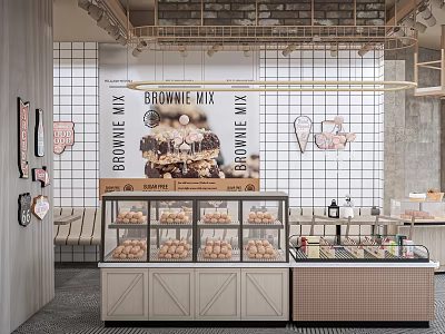 Mall Dessert Shop Interior With Display Cases Brownies And Decorative Wall Art 3d model