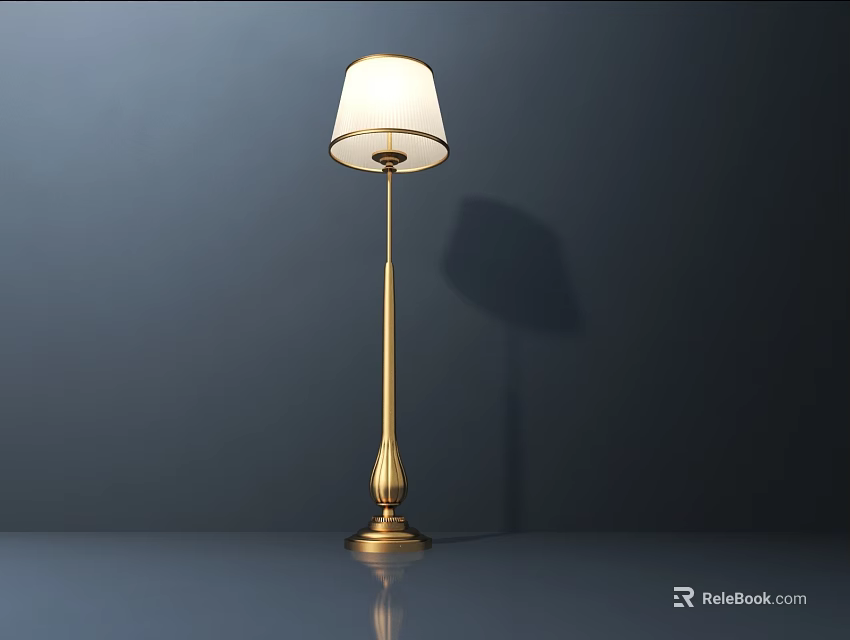 Modern Gold Floor Lamp With White Lampshade Slender Stand And Reflective Base 3d model 