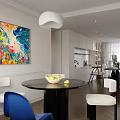Modern Living Dining Room With Blue Sofa Yellow Chair Round Rug And Large Windows