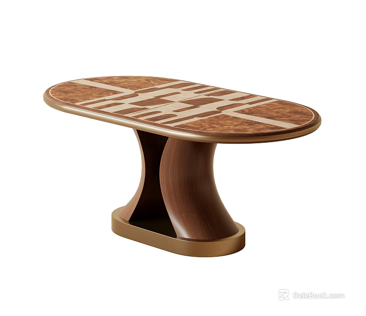 Oval Wooden Dining Table With Decorative Pattern And Unique Modern Base 3d model 