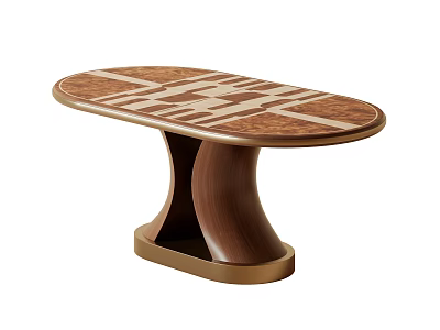 Oval Wooden Dining Table With Decorative Pattern And Unique Modern Base 3d model