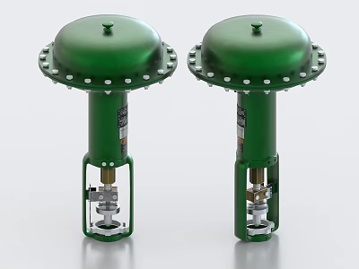 Two Green Industrial Valves With Round Top Covers And Bolted Metal Structure 3d model