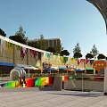 Vibrant Commercial Street Entrance with Tall Buildings Colorful Decorations Palm Trees and Vans