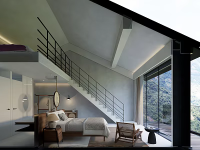 Modern Loft Design Hotel Guest Room With King Bed Armchair And Mountain View Windows 3d model