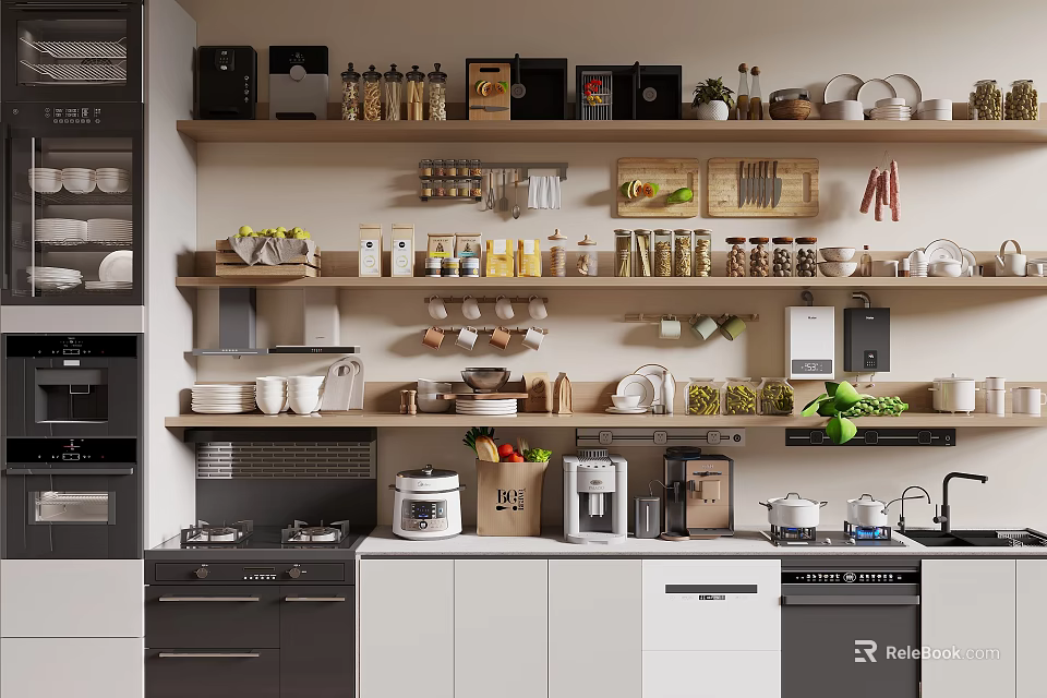 Modern Kitchen With Organized Kitchenware And Appliances 3d model