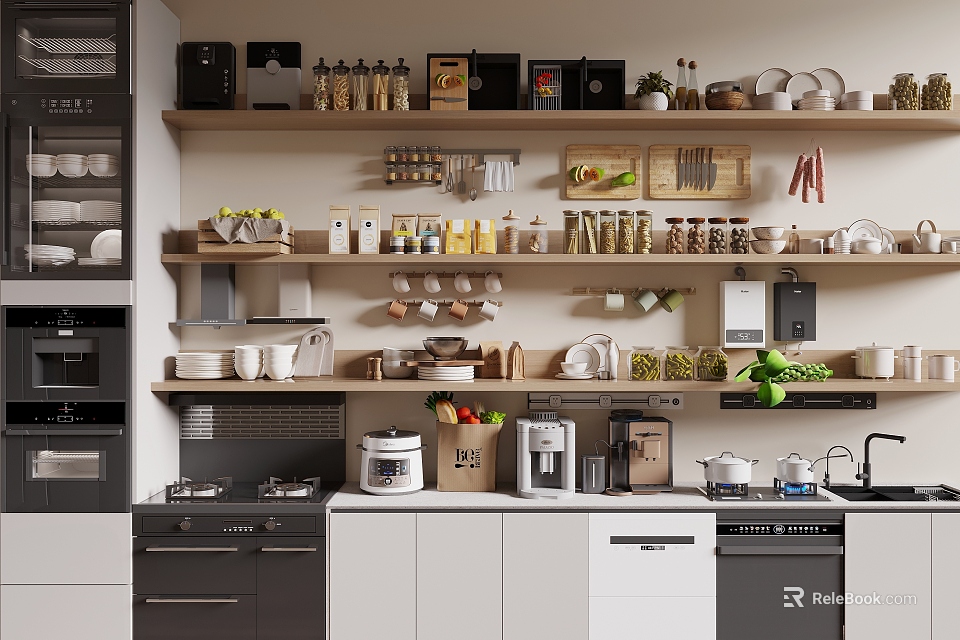 Modern Kitchen With Organized Kitchenware And Appliances 3d model 