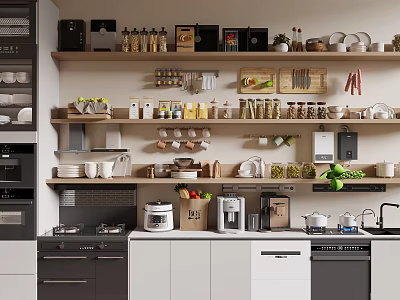 Modern Kitchen With Organized Kitchenware And Appliances 3d model