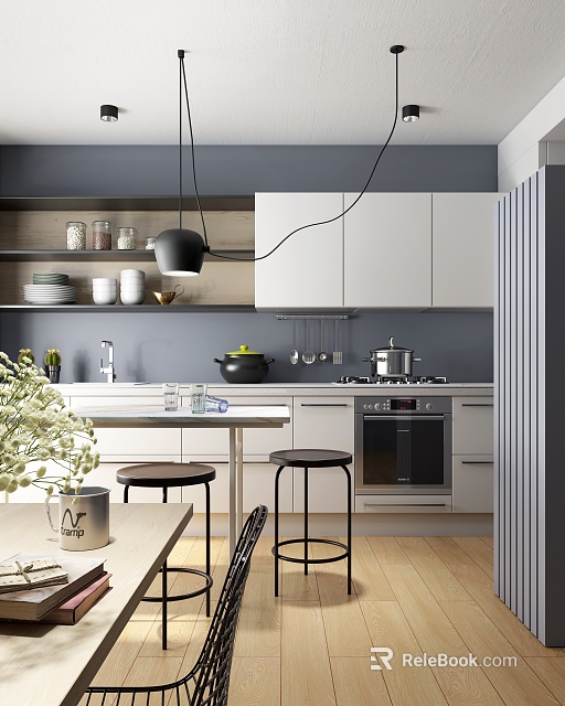 Modern Kitchen Interior With White Cabinets Gray Walls Pendant Lights Island Counter And Appliances 3d model 