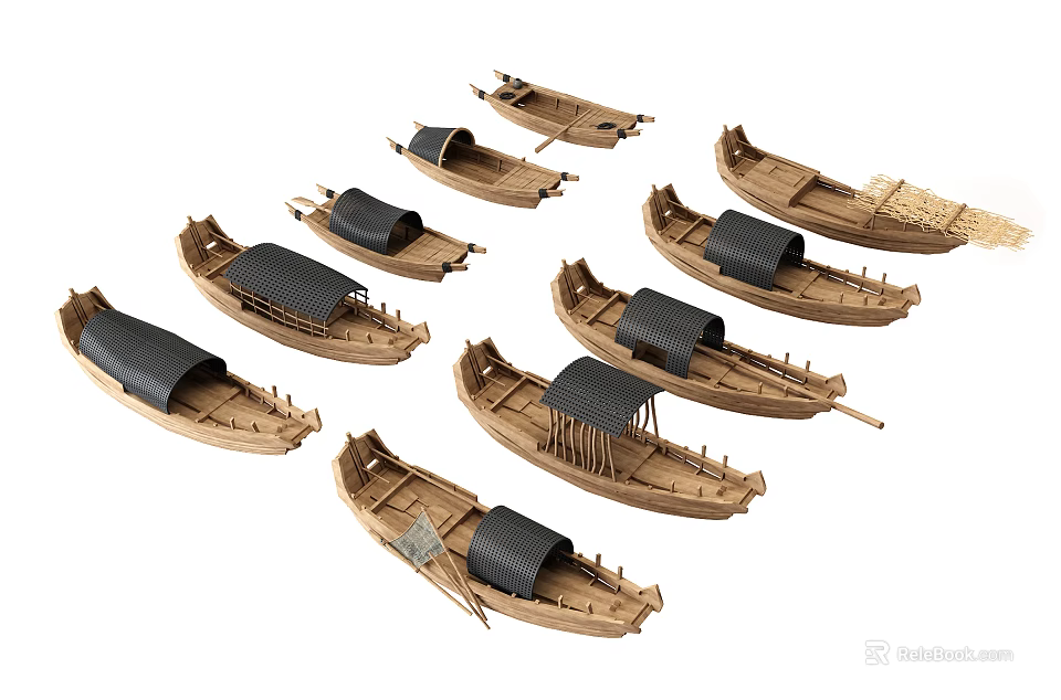 Traditional Handcrafted Wooden Boat Models With Various Designs And Black Canopies 3d model 