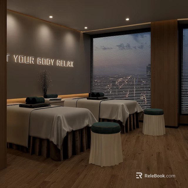 Cozy Relaxation Treatment Room With Massage Beds Body Relax Sign Wooden Floor And Window 3d model 