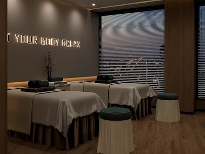 Cozy Relaxation Treatment Room With Massage Beds Body Relax Sign Wooden Floor And Window 3d model