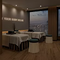 Cozy Relaxation Treatment Room With Massage Beds Body Relax Sign Wooden Floor And Window