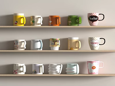 Colorful Patterned Mugs Displayed on Wooden Shelves for Home Decor 3d model