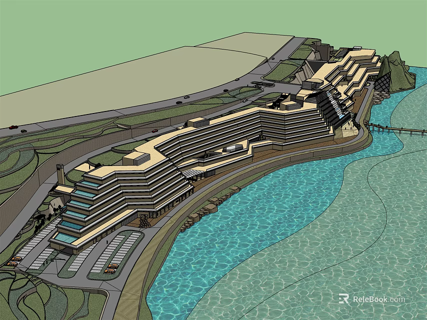 Modern Coastal Hotel Building With Curved Structure Waterfront Location And Parking 3d model 