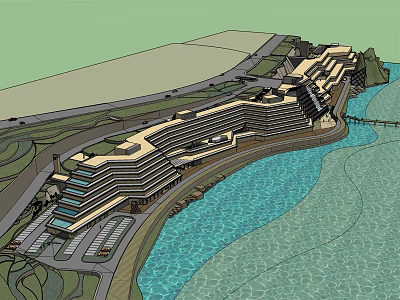 Modern Coastal Hotel Building With Curved Structure Waterfront Location And Parking 3d model