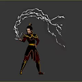 Fantasy Game Character In Red Yellow Black Outfit With Topknot Hairstyle Casting Blue Lightning Effects