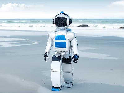 Smart Robot Walking On Sandy Beach With Ocean Waves In Background 3d model