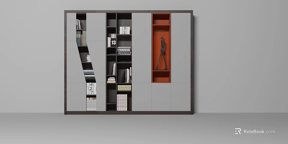 Modern Display Cabinet With Gray Orange Shelves And Decorative Books Sculpture 3d model 