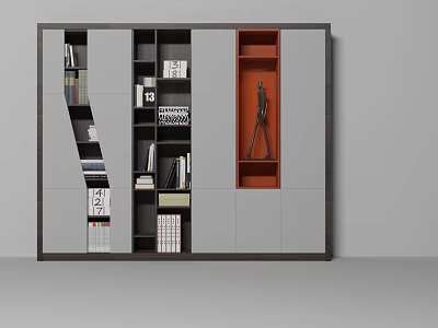 Modern Display Cabinet With Gray Orange Shelves And Decorative Books Sculpture 3d model