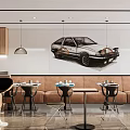 Modern Restaurant Interior With Tables Chairs Green Plants And Black White Decorative Paintings