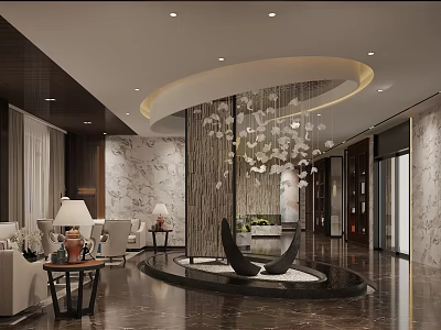 Elegant Hotel Lobby Interior Design With Hanging Chandelier Sofa Seating And Marble Floor 3d model