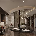 Elegant Hotel Lobby Interior Design With Hanging Chandelier Sofa Seating And Marble Floor