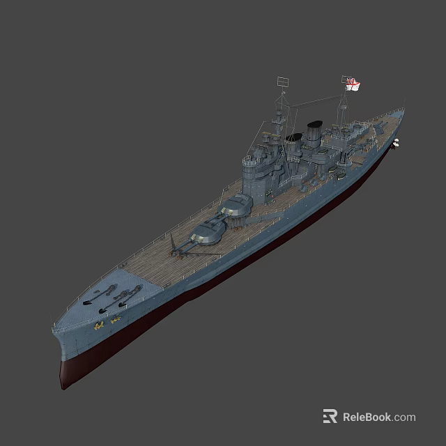 Warship 3D Model Featuring Detailed Naval Deck Turrets Mast and Flag 3d model 