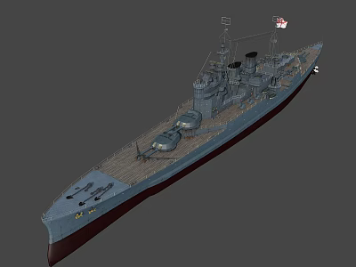 Warship 3D Model Featuring Detailed Naval Deck Turrets Mast and Flag 3d model