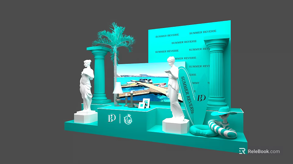 Turquoise Themed Floral Installation With Columns Statues And Coastal Decor 3d model 