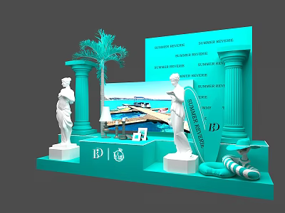 Turquoise Themed Floral Installation With Columns Statues And Coastal Decor 3d model