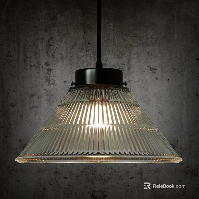 Illuminated Modern Ribbed Glass Pendant Light with Black Base Against Gray Textured Wall 3d model 