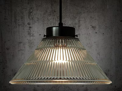 Illuminated Modern Ribbed Glass Pendant Light with Black Base Against Gray Textured Wall 3d model