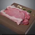 Fresh Raw Steak on Wooden Cutting Board with Garlic Cloves Lemon Slice and Herbs