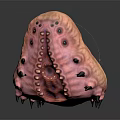 Unique Pink Animal with Textured Skin Multiple Eyes and Black Spikes on Dark Reflective Surface