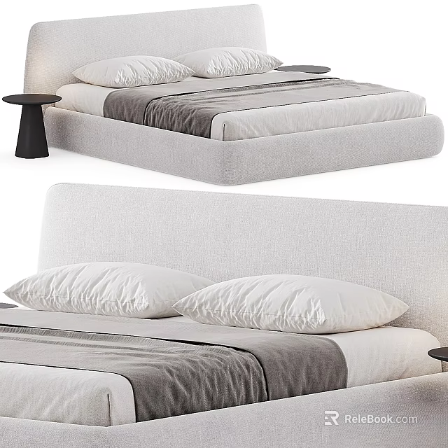 Modern Double Bed Interior With Upholstered Headboard Soft Pillows And Nightstand 3d model 