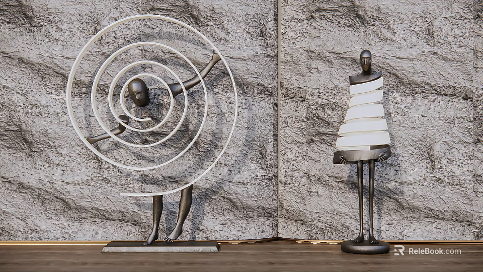 Abstract Floor Lamps with Spiral Layered Designs Human Figure Bases Stone Wall Wooden Floor Background 3d model 
