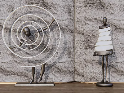 Abstract Floor Lamps with Spiral Layered Designs Human Figure Bases Stone Wall Wooden Floor Background 3d model