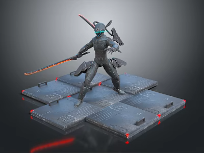 Armored Cyborg Warrior With Glowing Red Swords On Platform With Red Markers 3d model