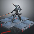 Armored Cyborg Warrior With Glowing Red Swords On Platform With Red Markers