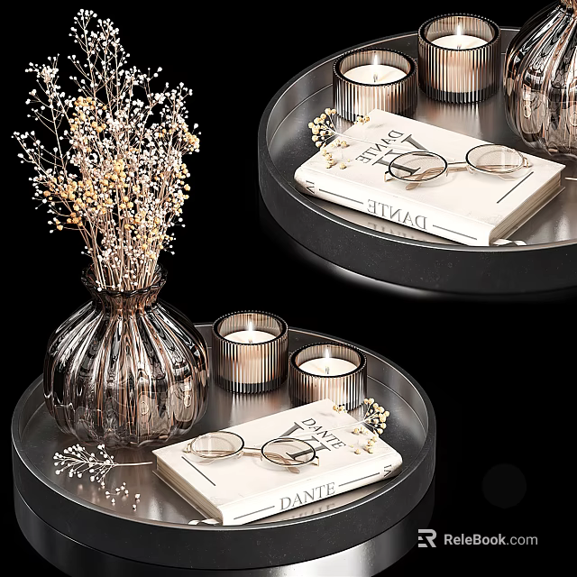 Modern Decorative Ornament Set With Metallic Vase Dried Flowers Candles Magazine And Eyeglasses On Tray 3d model 