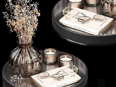 Modern Decorative Ornament Set With Metallic Vase Dried Flowers Candles Magazine And Eyeglasses On Tray 3d model