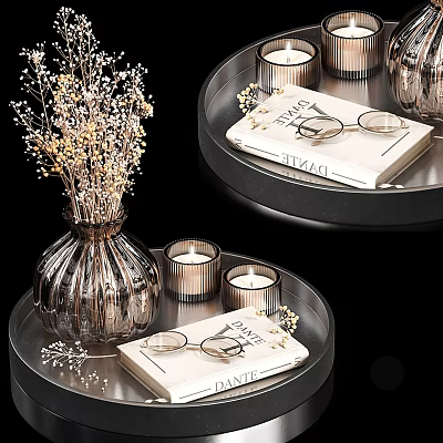 Modern Decorative Ornament Set With Metallic Vase Dried Flowers Candles Magazine And Eyeglasses On Tray 3d model