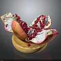 Cut Open Pomegranate With Fresh Red Arils On Wooden Plate Dark Background 3d model