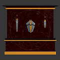 Elegant Crimson Marble Display Cabinet With Gold Accents And Decorative Swords Shield