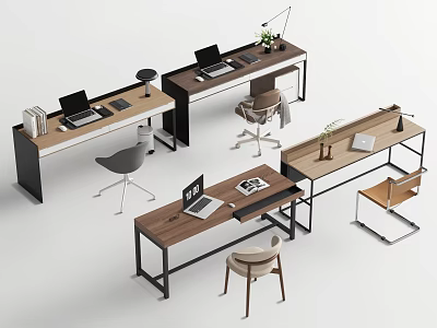 Modern Home Office Desk And Chair Sets With Wooden Tabletop Metal Frame And Laptop 3d model