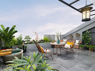 Serene Roof Garden With Green Plants Outdoor Table Chairs Hanging Lantern And Tiled Floor 3d model