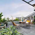 Serene Roof Garden With Green Plants Outdoor Table Chairs Hanging Lantern And Tiled Floor
