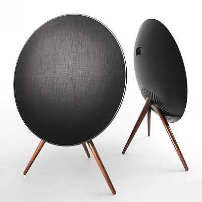 Modern Headphone Speaker with Black Circular Design and Wooden Stand for Home Audio 3d model