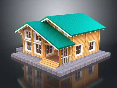 Wooden Detached Villa With Green Roof Front Steps And White Framed Windows 3d model