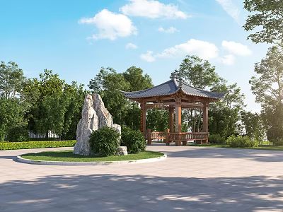Ancient Chinese Pavilion with Rock Stone Green Grass and Trees Under Blue Sky 3d model
